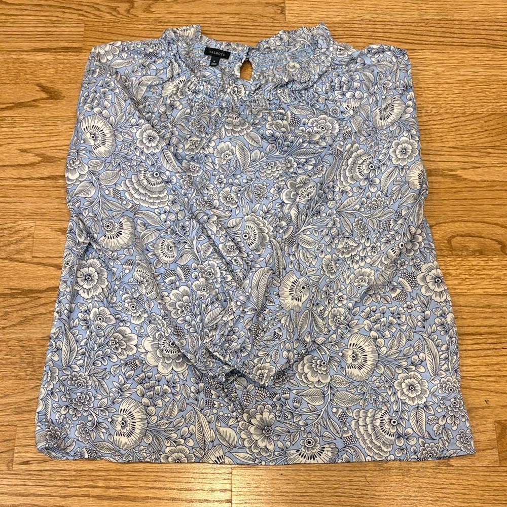 Talbots Light Blue and White Floral Smocked-Neck Blouse